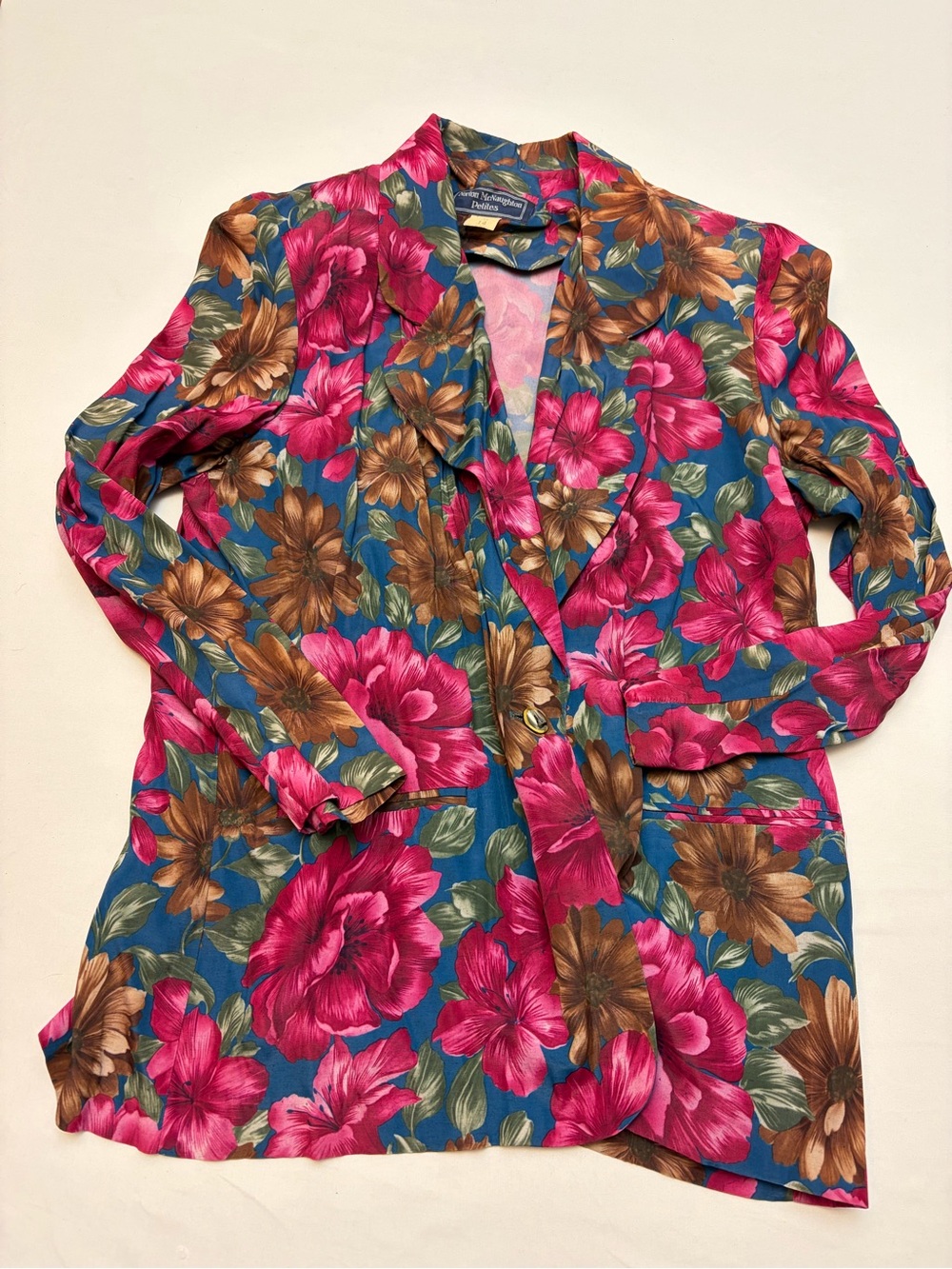 Norton McNaughton Petite Floral Blazer Jacket Size 14 Blue Magenta Retro Vintage